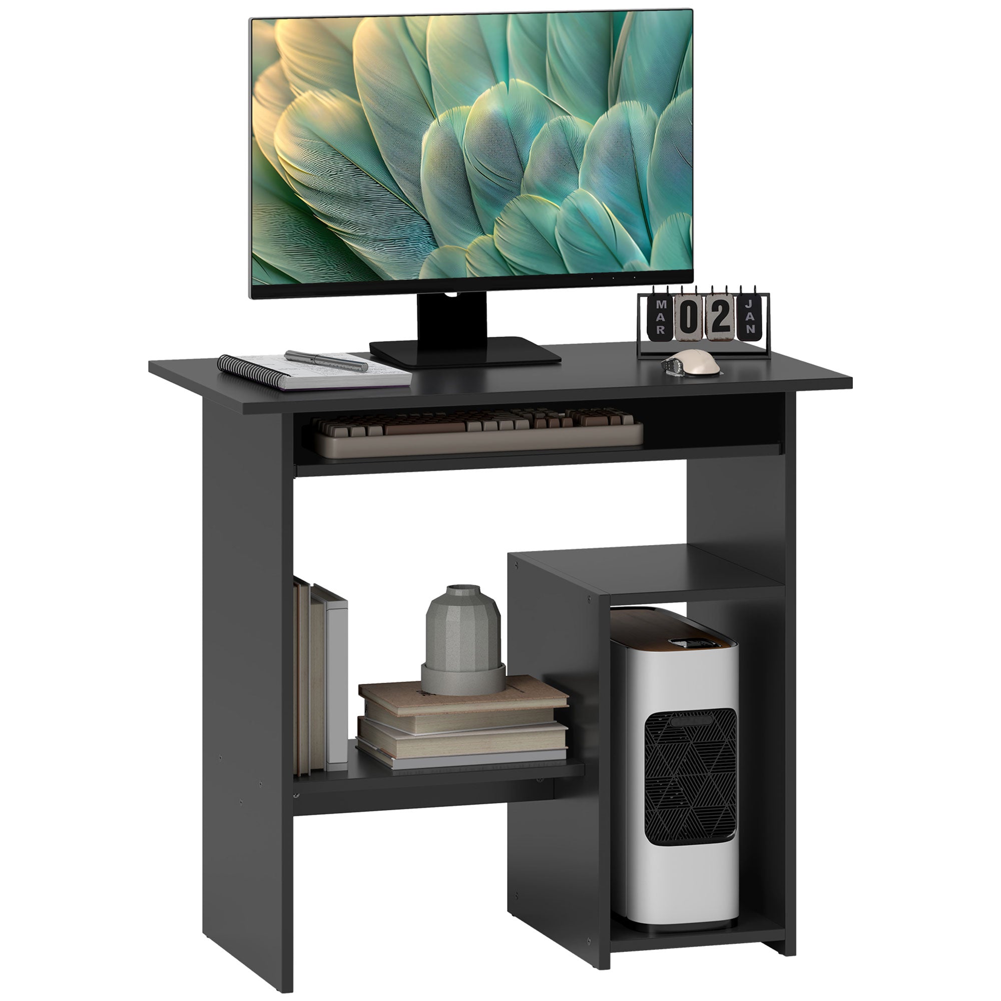 Compact zwart computerbureau 80 × 45 × 75 cm met lade & vakken voor een praktische en stijlvolle werkplek thuis