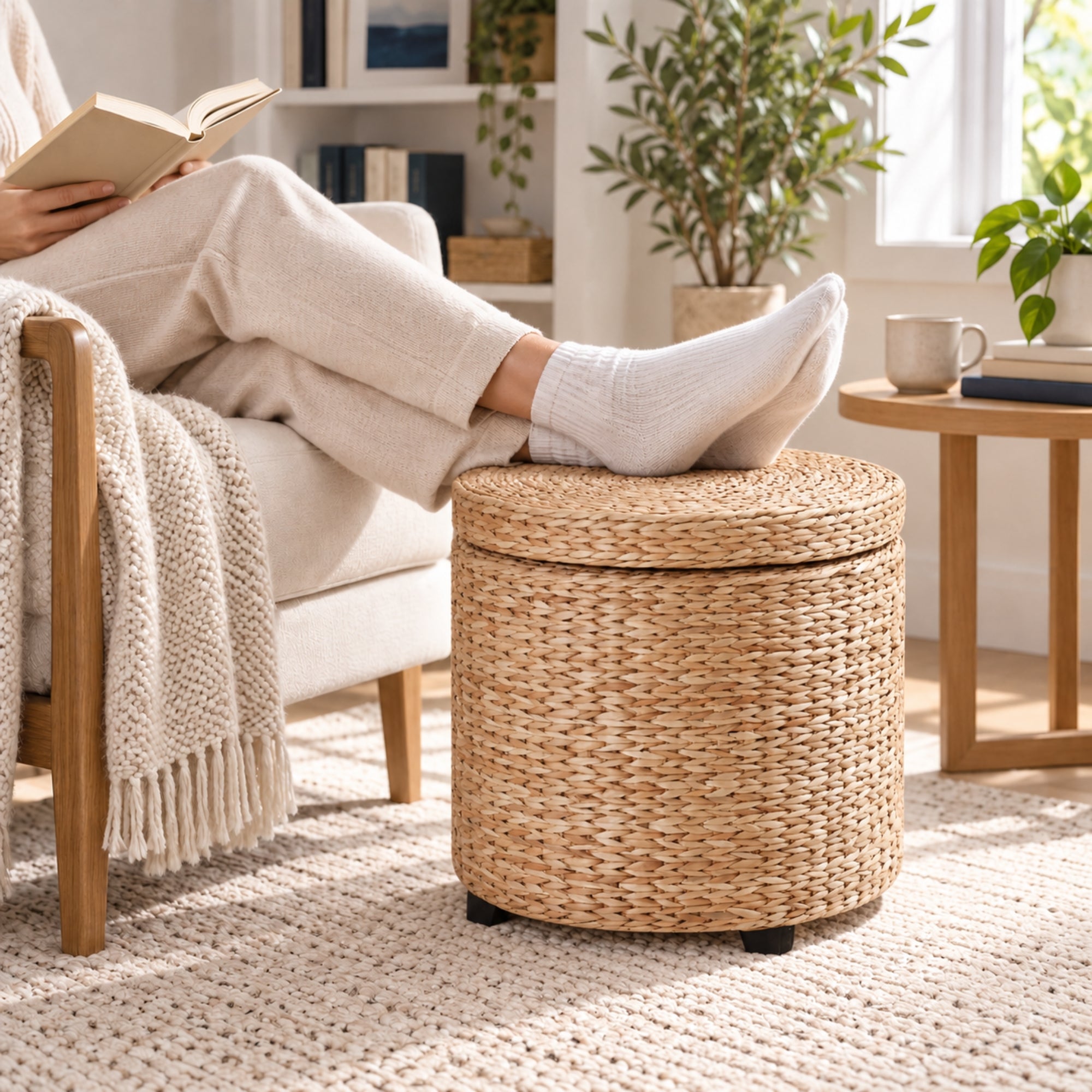 Ronde hocker met opbergruimte en afneembare deksel – stro rotan – Ø43×43 cm in khaki als voetenbank in de woonkamer
