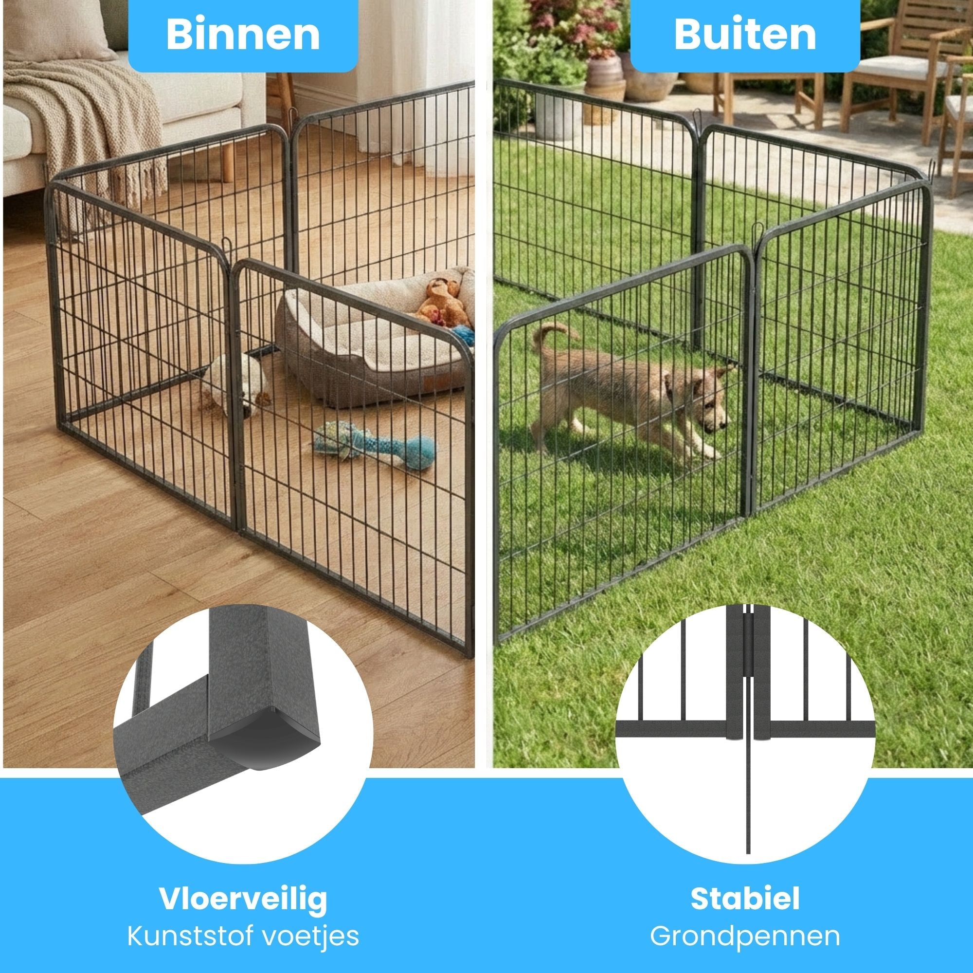 Ruime stalen puppyren van 60 cm hoog L – ideaal als veilige en flexibele hondenren binnen en buiten | Zenzee