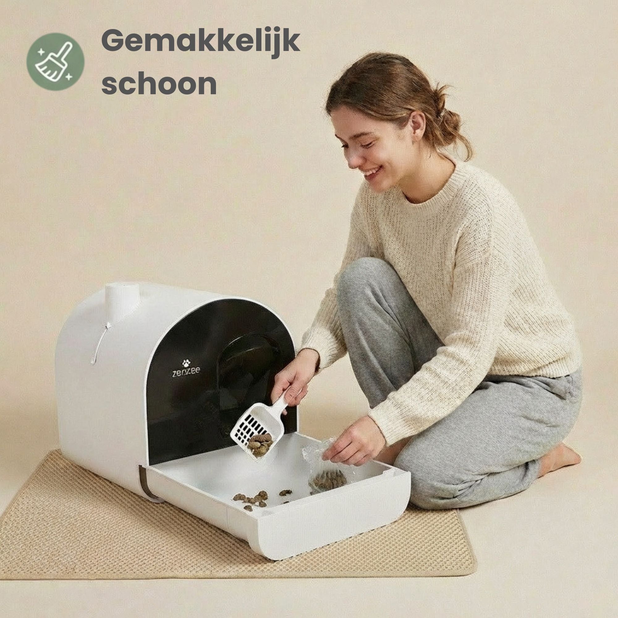 Vrouw maakt kattenbak schoon met Witte kattenbak met uitneembare lade, kattenbakmat & schepje – hygiënisch design | Zenzee