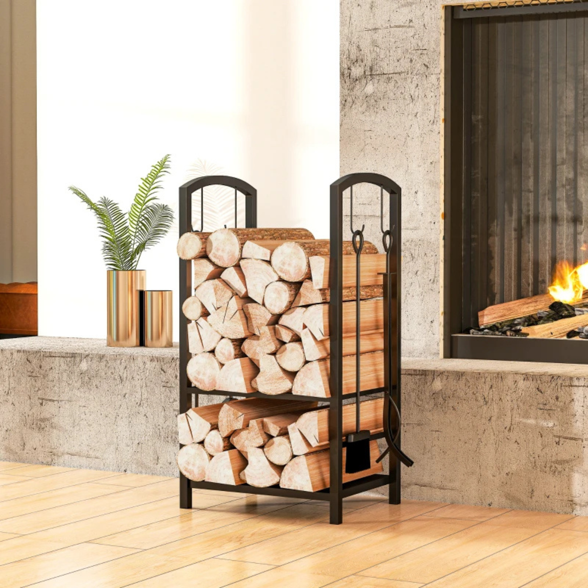 Zwart modern houtrek voor brandhout en haardhout 40x30x74 cm – stijlvol design voor ordelijke houtopslag binnen en buiten