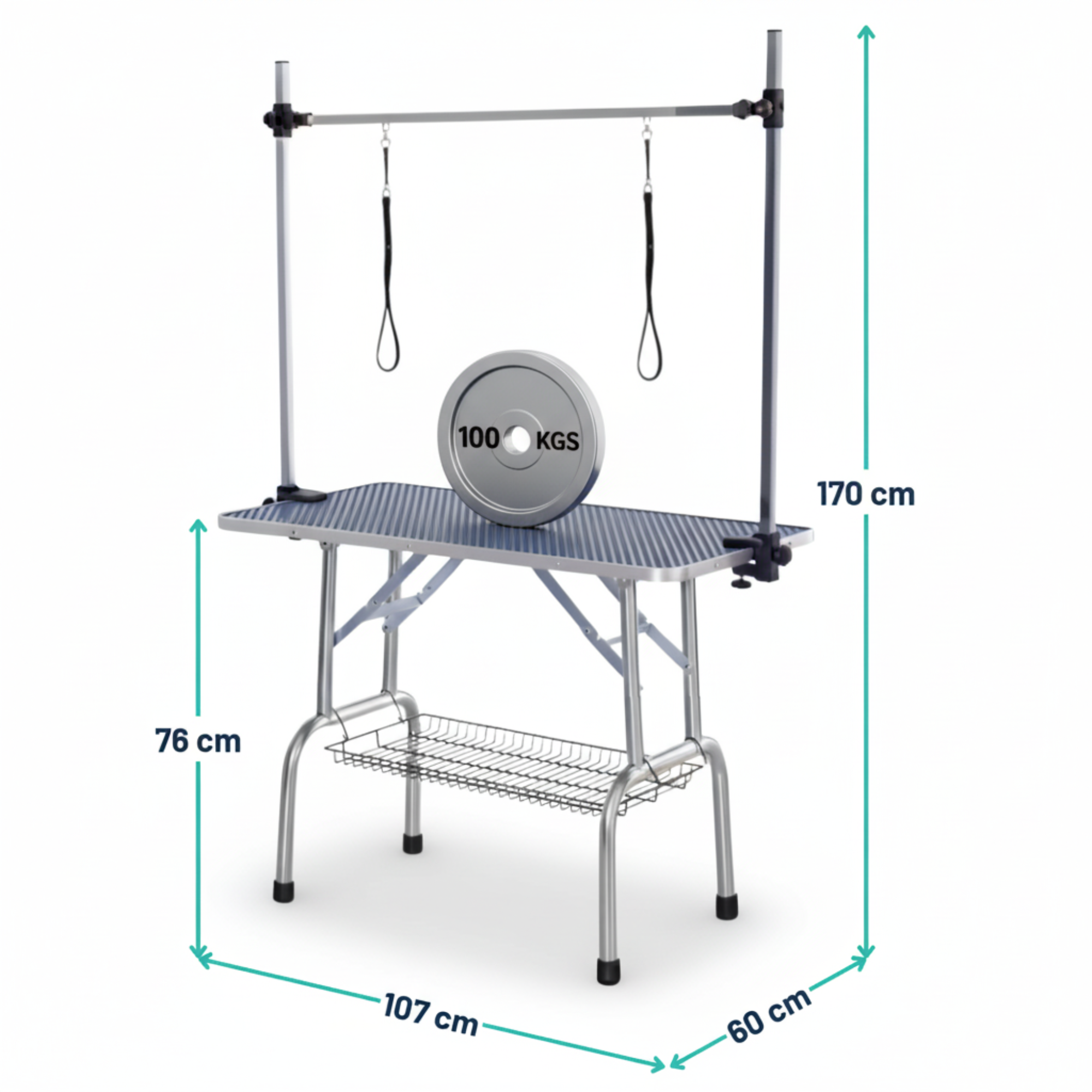 Honden trimtafel zwart 107x60x170 cm – inklapbare tafel met verstelbare trimarm en aanlijnoptie voor professioneel gebruik