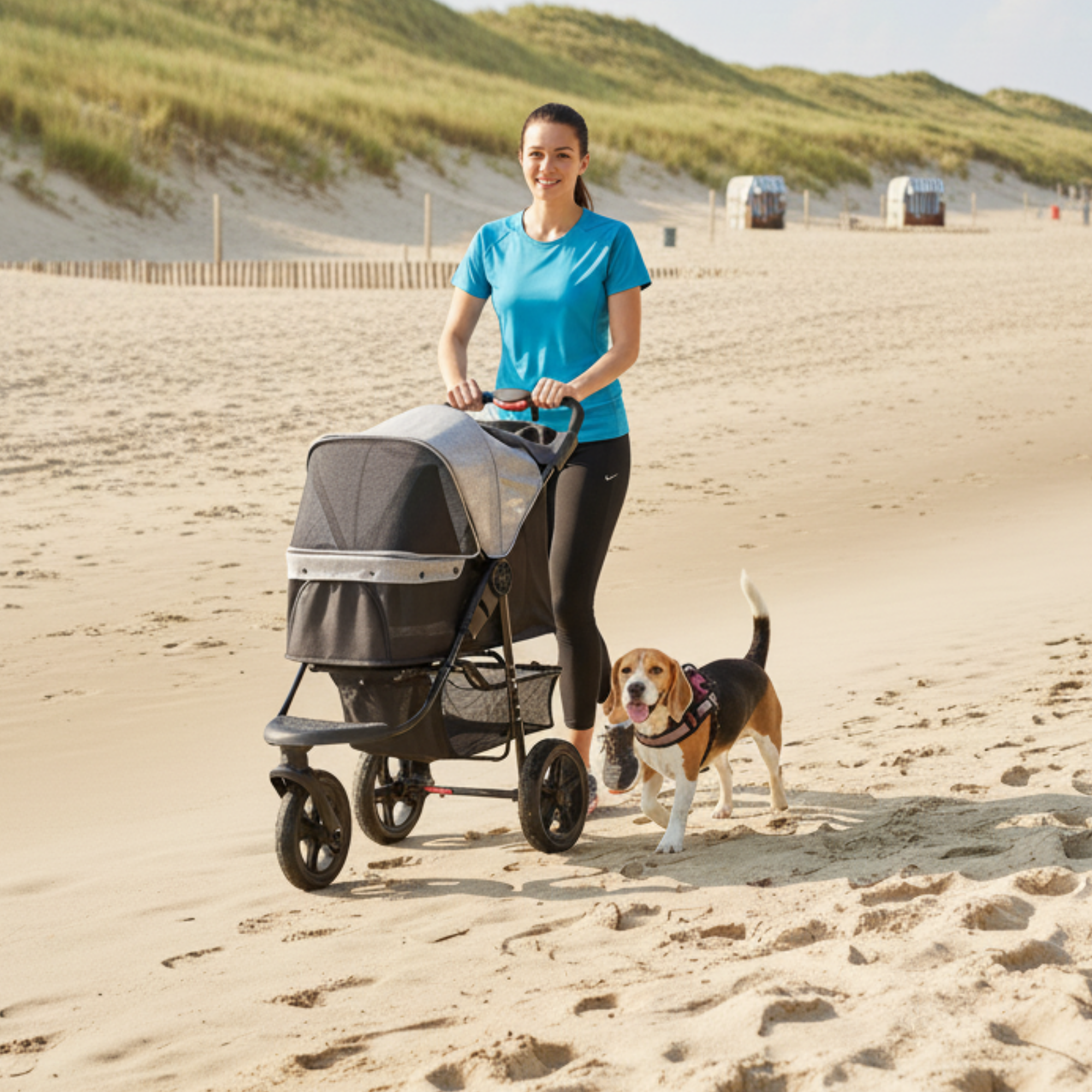 Opvouwbare hondenbuggy met verstelbare kap en opbergruimte – grijs/zwart – 110×58×107 cm | Zenzee op het strand met hond erbij