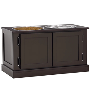 Hondenvoerbak met opbergruimte van MDF en RVS in bruin houtdesign met twee roestvrijstalen voerbakken