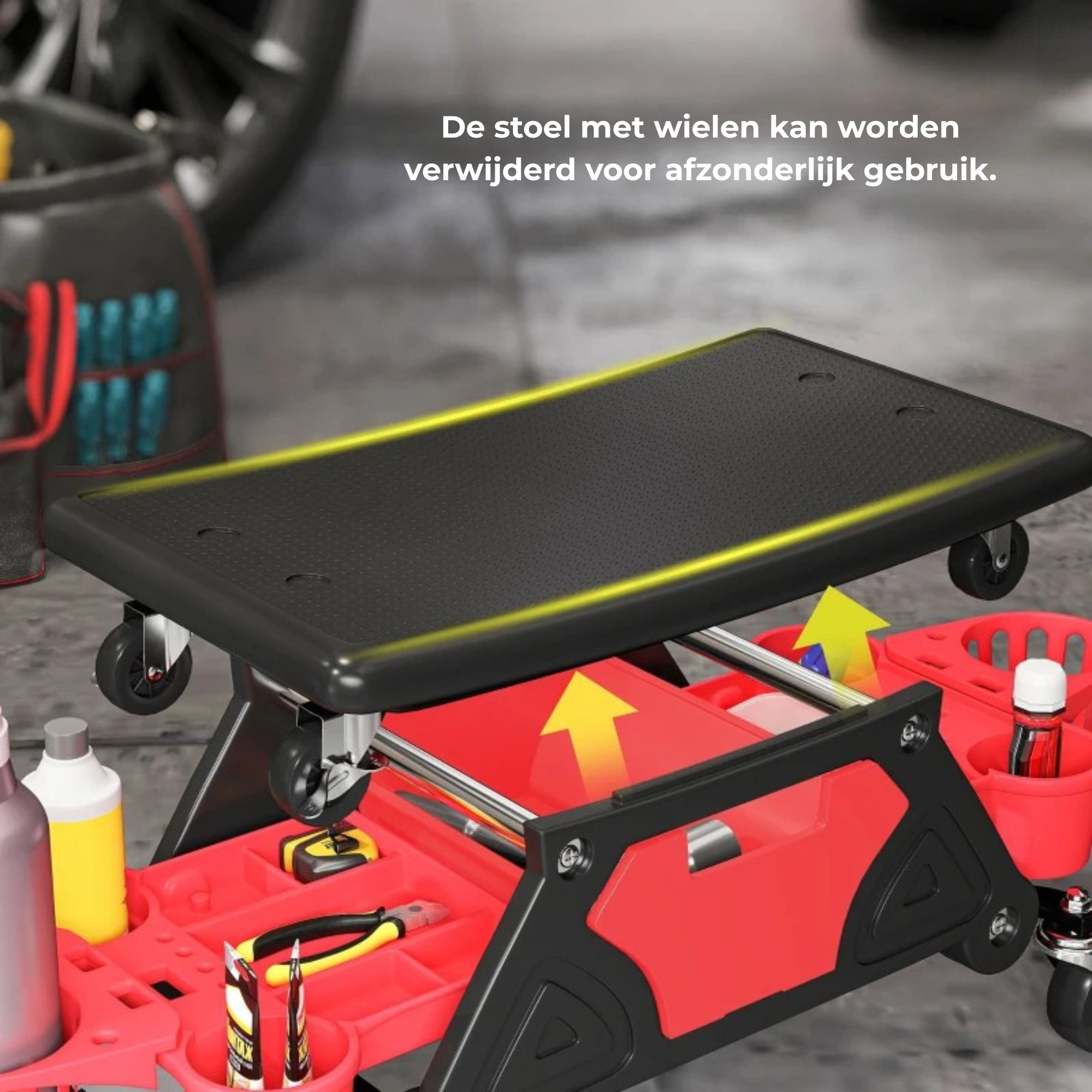 Ergonomische zadelkruk werkplaatskruk op wielen 86×33 cm met verwijderbare stoel en handige opbergruimte in rood en zwart