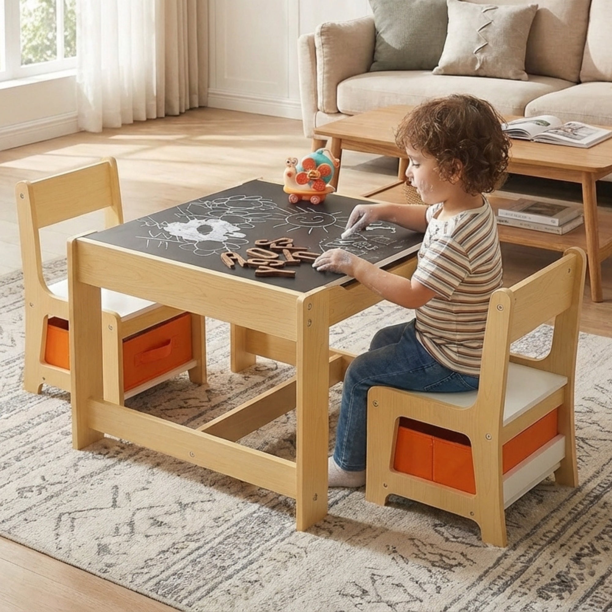 kindertafel met stoeltjes met krijtbord, whiteboard en slimme opbergruimte in naturel hout met kind die tekent op tafelblad