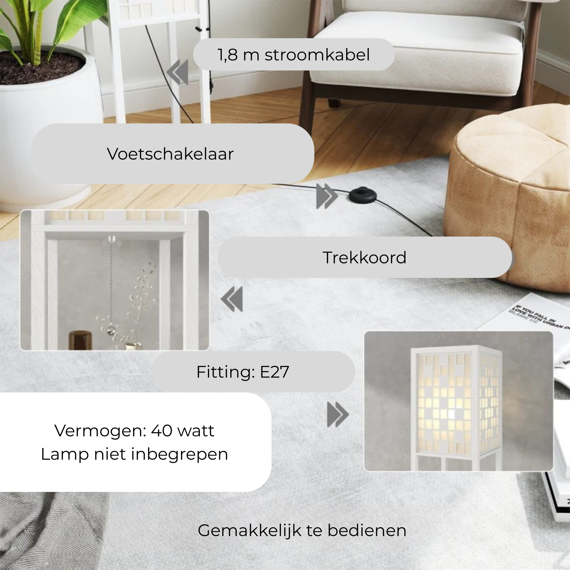 Vloerlamp 155 cm met rasterpatroon en geïntegreerde opbergruimte | Zenzee