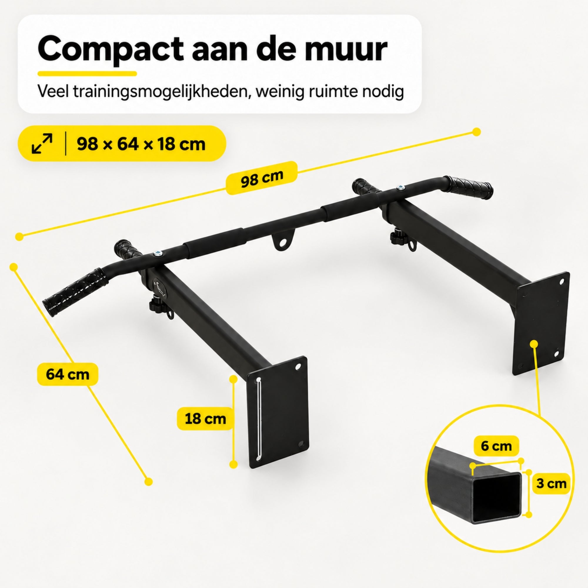 Pull up bar zwart – wandmontage met 150 kg draagvermogen van staal met drie gripopties en stevige wandbevestiging