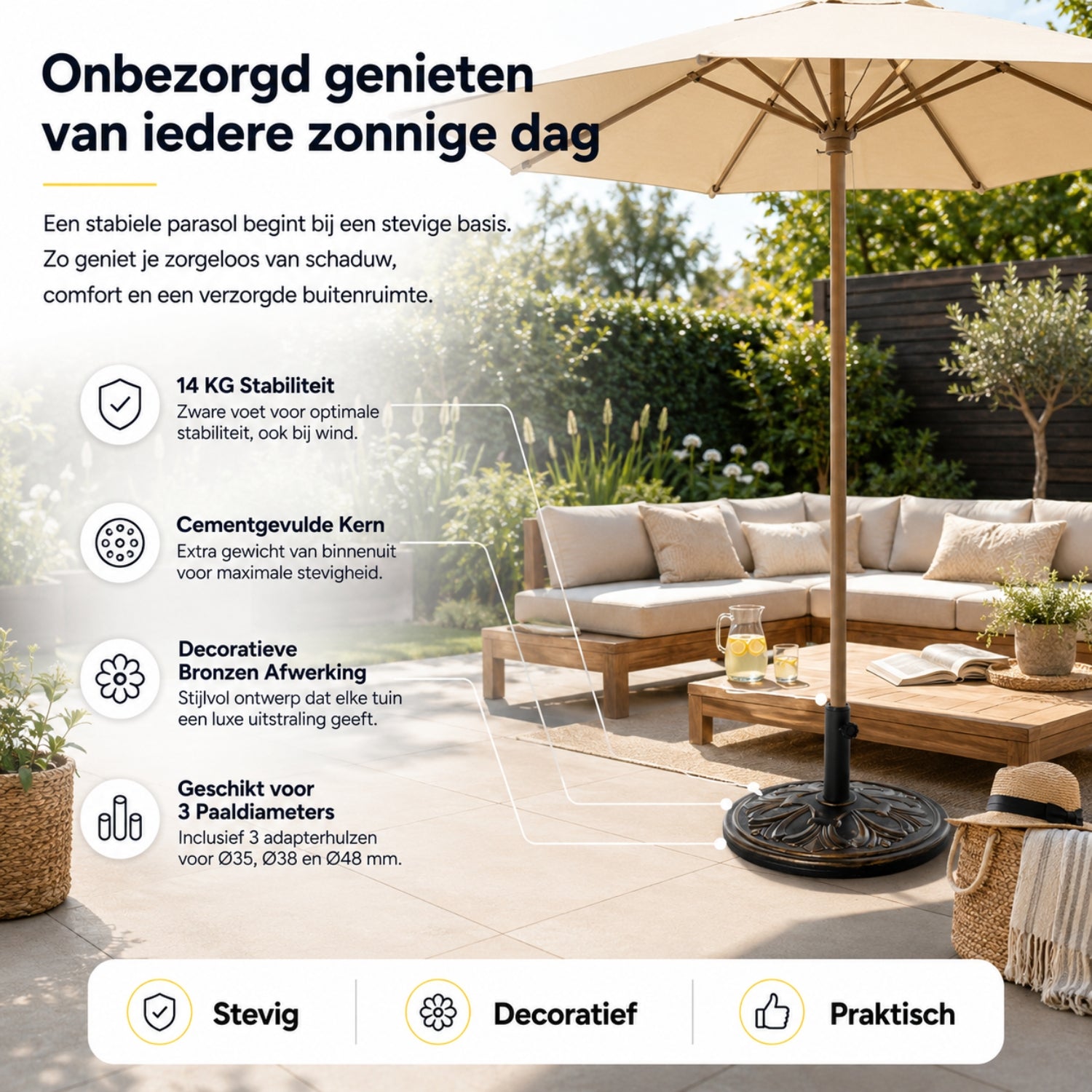 Klassieke parasolvoet in bronskleur – 14 kg, ø48 x 34 cm voor stevige ondersteuning