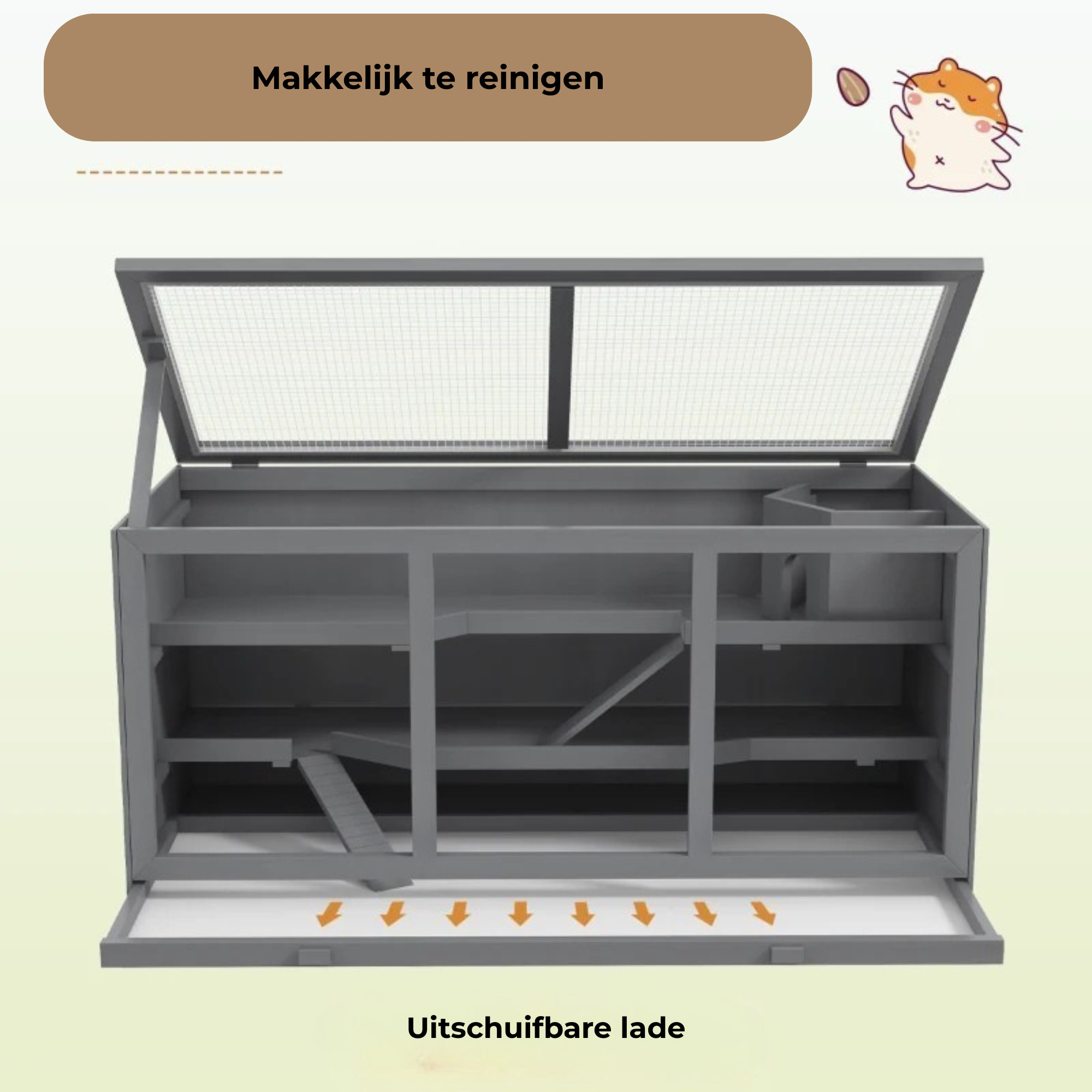Hamsterkooi voor knaagdieren met extra ruimte in grijs 115x57x55 cm met uitschuifbare lade en makkelijk te reinigen design