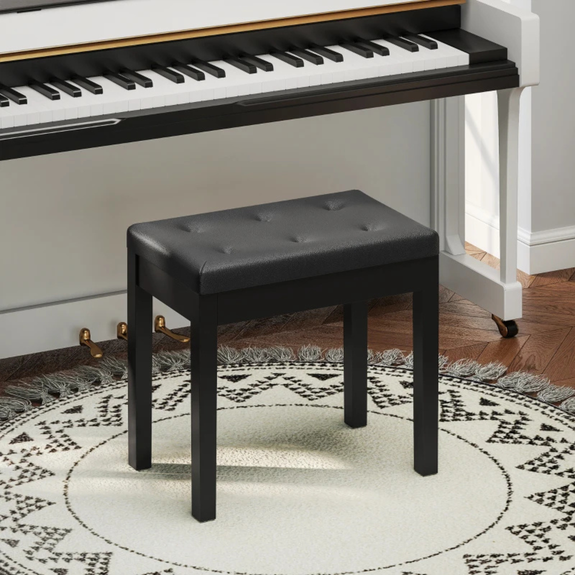 Moderne zwarte pianokruk met opbergruimte voor extra comfort en stijl, met gestoffeerde zitting en stevige poten