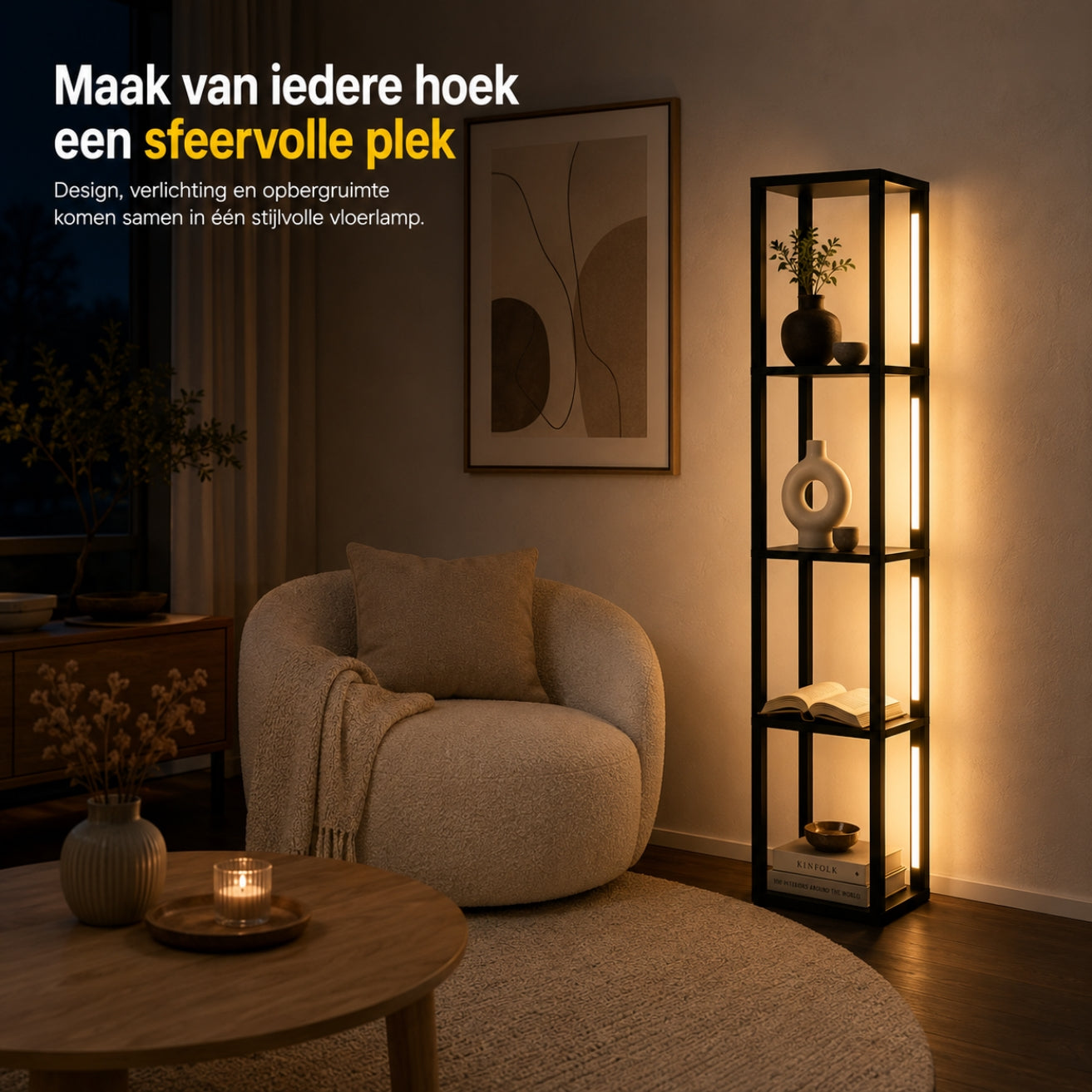 Zwarte vloerlamp met LED-verlichting en geïntegreerde opbergruimte – 29×29×163 cm | Zenzee