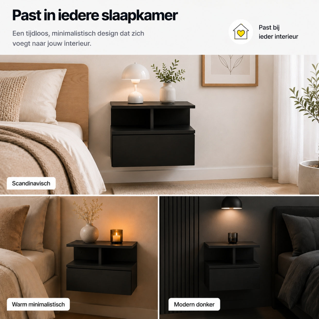 Zwevende nachtkastjes set van 2 met lade en open vak voor slaapkamer zwart | Zenzee