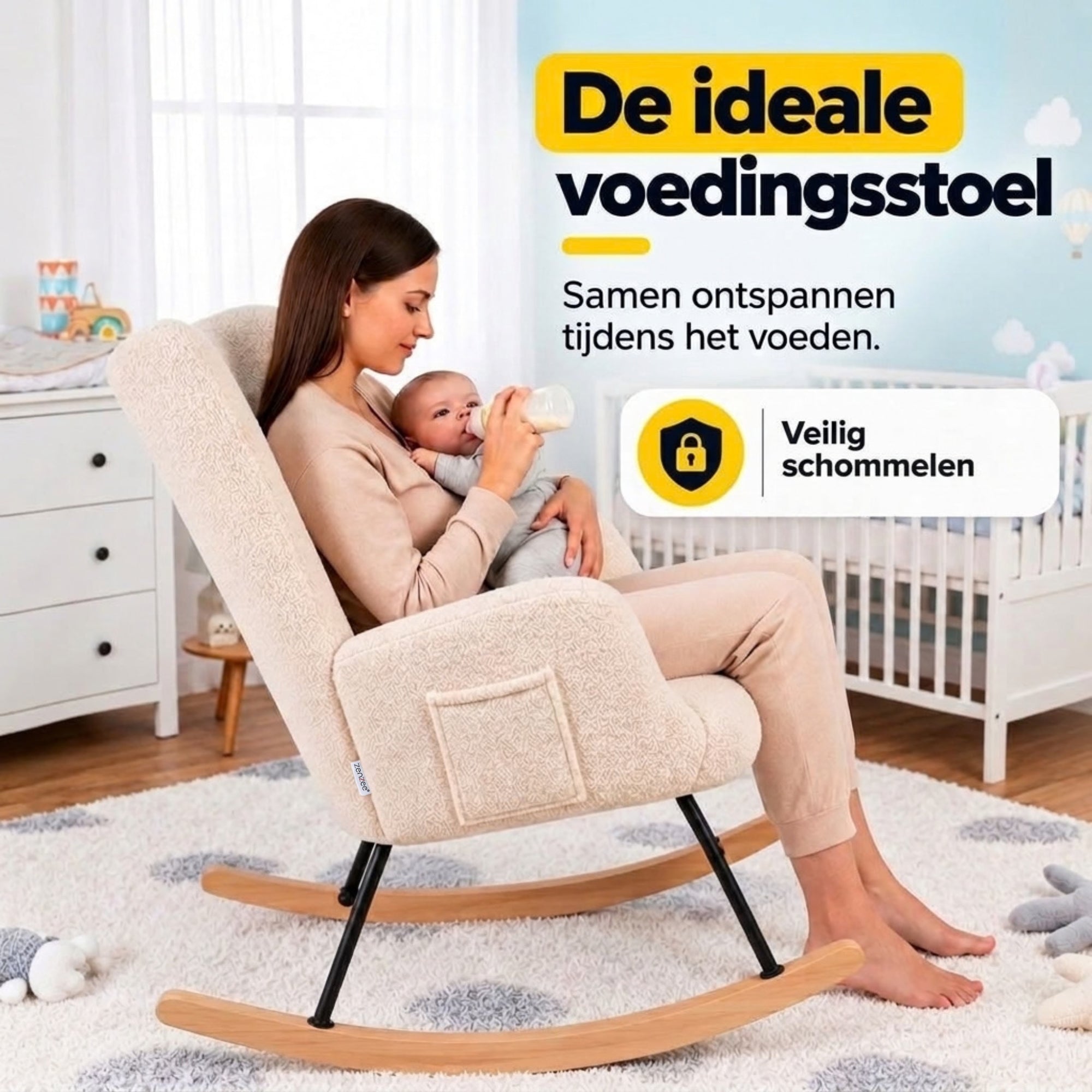 Comfortabele Schommelstoel met kussen en zijvak roomwit/beige | Zenzee met moeder en baby in zachte berberfleece stoel