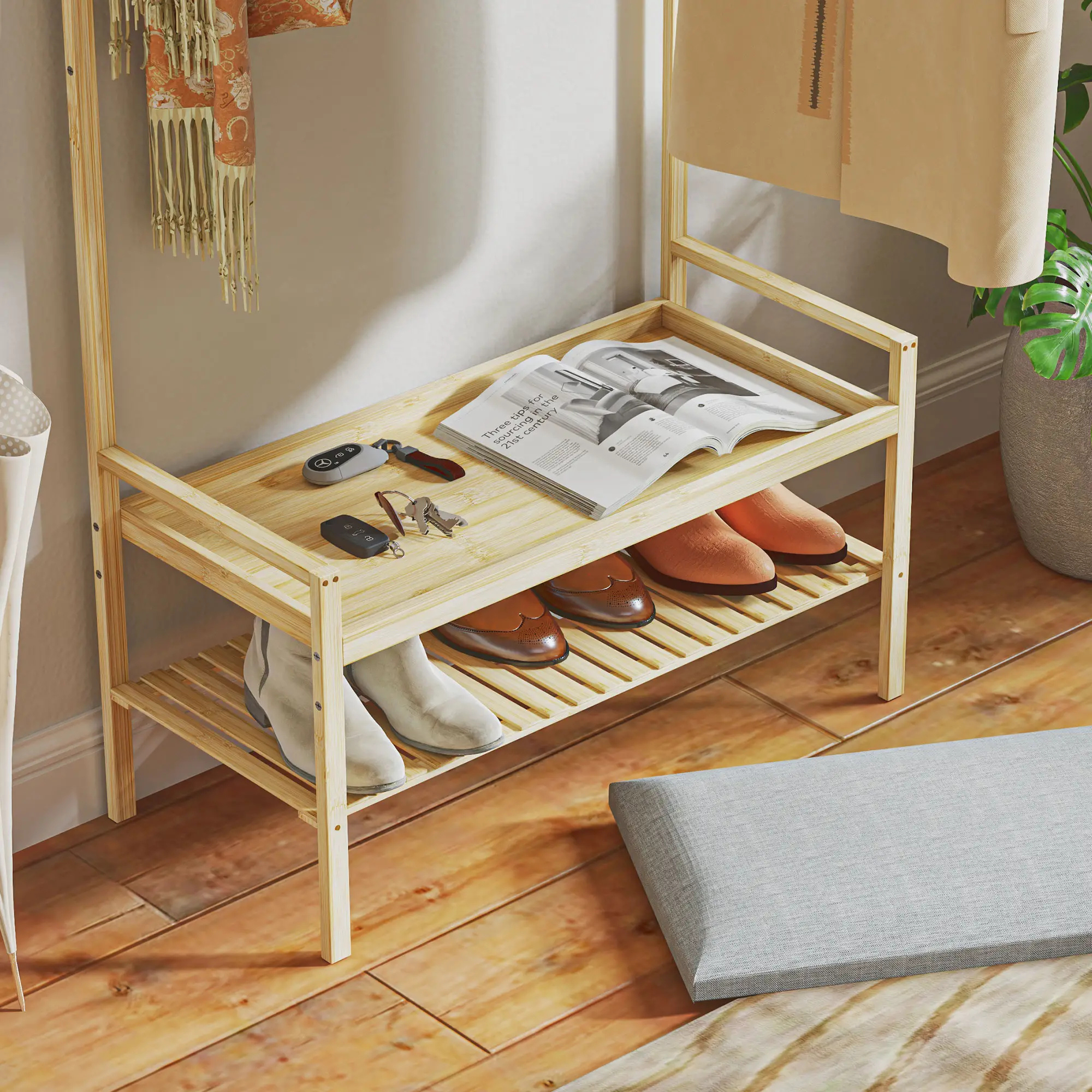 Kapstok garderobe met schoenenrek & zitkussen – duurzaam bamboe halmeubel met opbergruimte en comfortabele zitkussen