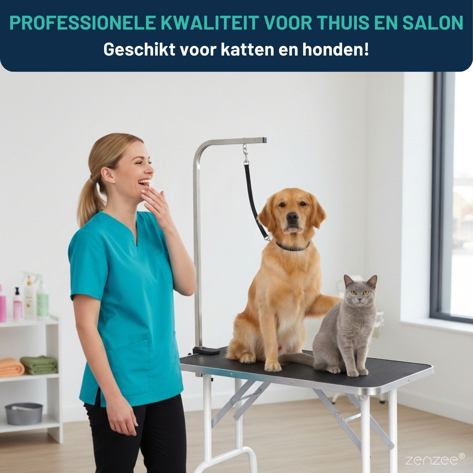 Honden trimtafel zwart 81x49x80cm – Inklapbare tafel met verstelbare trimarm en aanlijnoptie met hond en kat erop