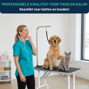 Honden trimtafel zwart 81x49x80cm – Inklapbare tafel met verstelbare trimarm en aanlijnoptie met hond en kat erop