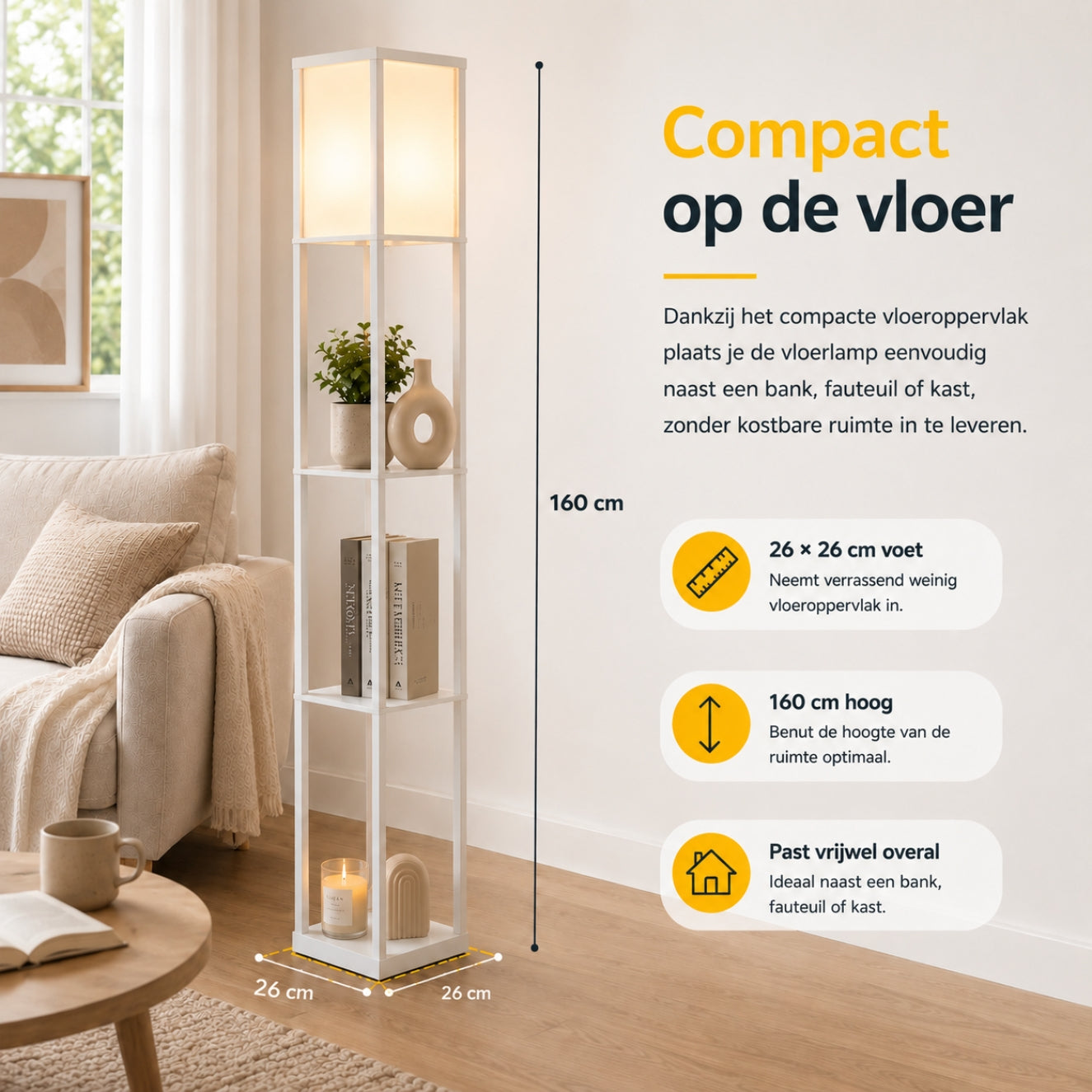 Multifunctionele witte vloerlamp met planken – 160 cm hoog