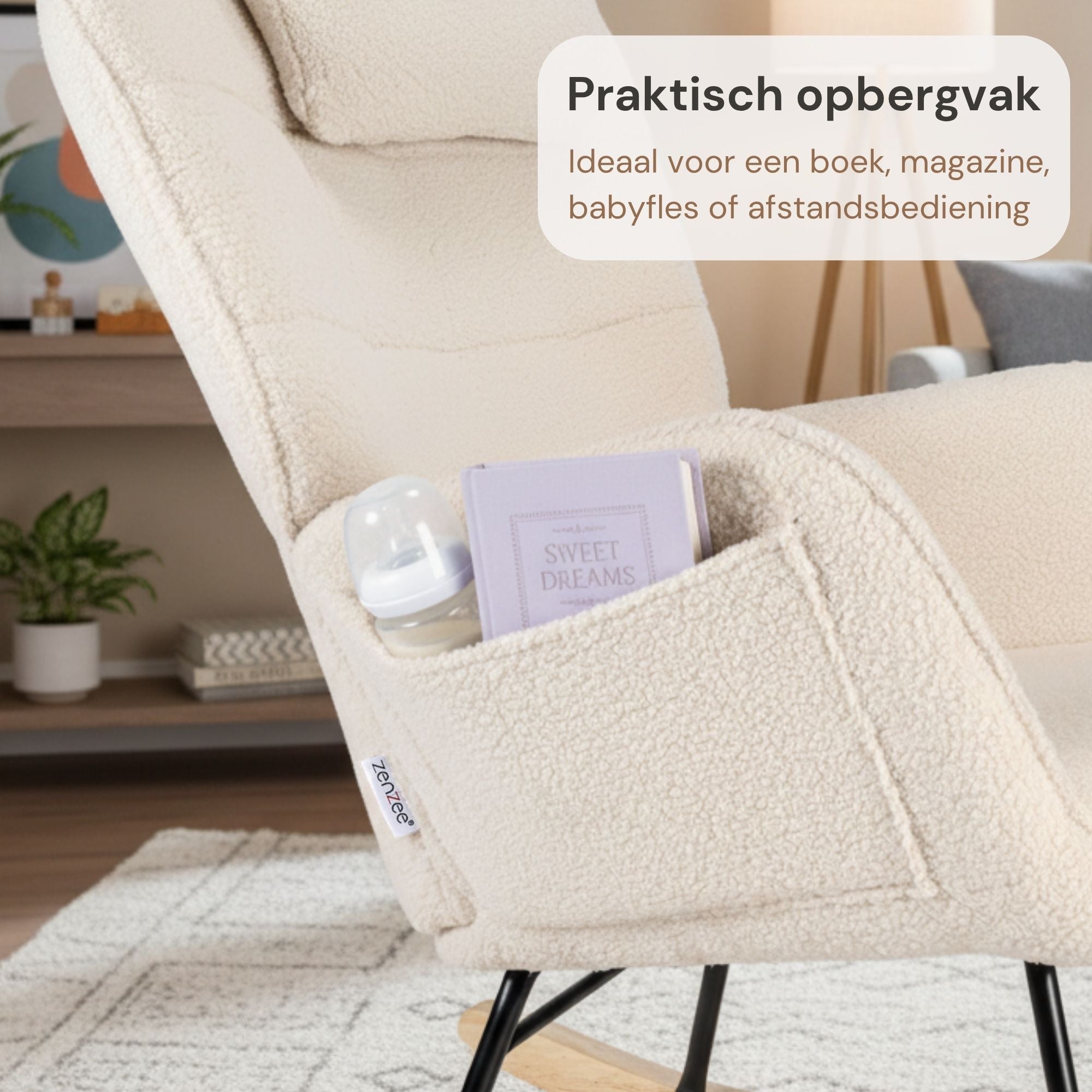 Comfortabele schommelstoel met kussen voor voeding, lezen en ontspannen cremewit | Zenzee