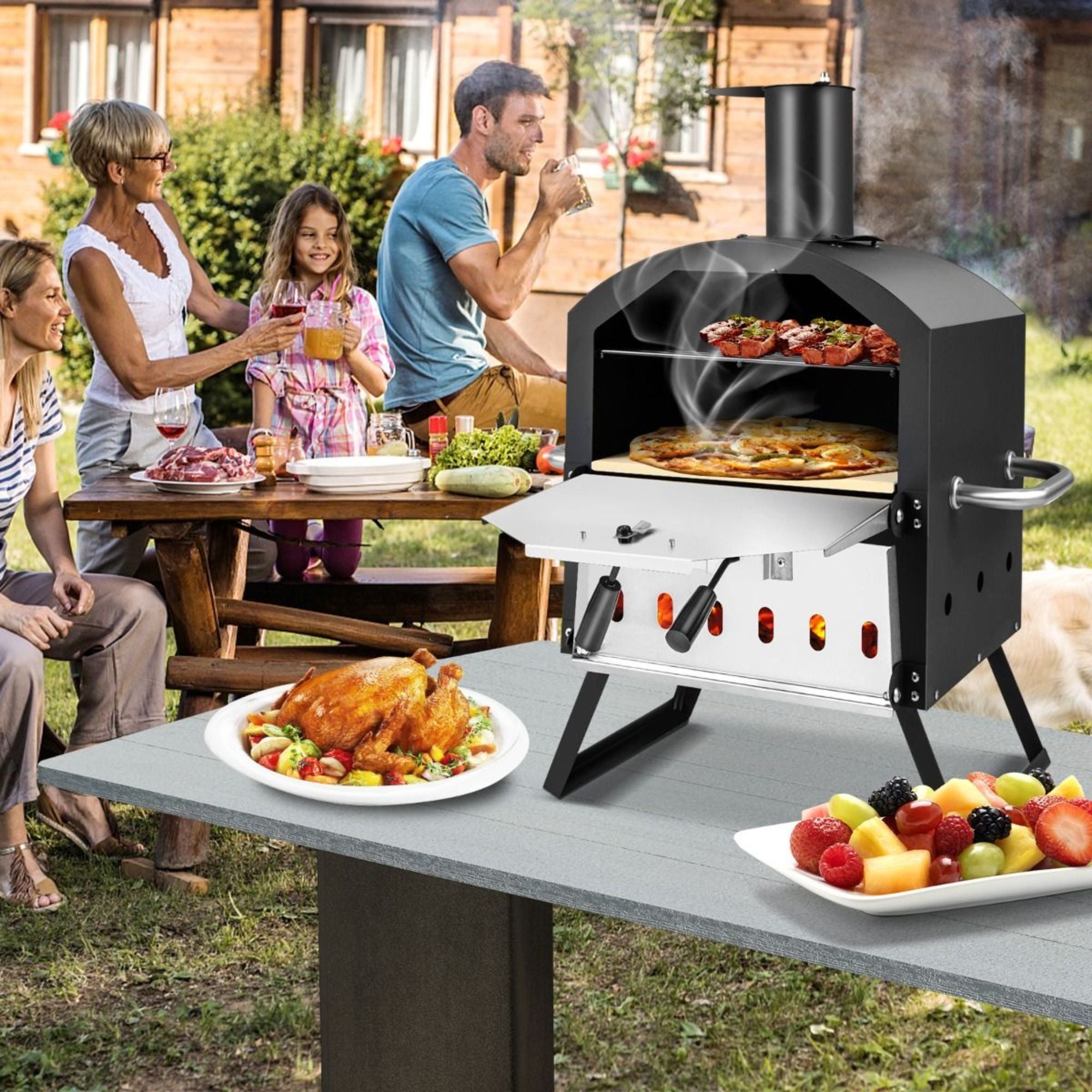 Pizzaoven voor buiten – draagbaar voor pizza, vlees en brood - Met afdekhoes en compacte houtoven ideaal voor buiten koken en samen genieten