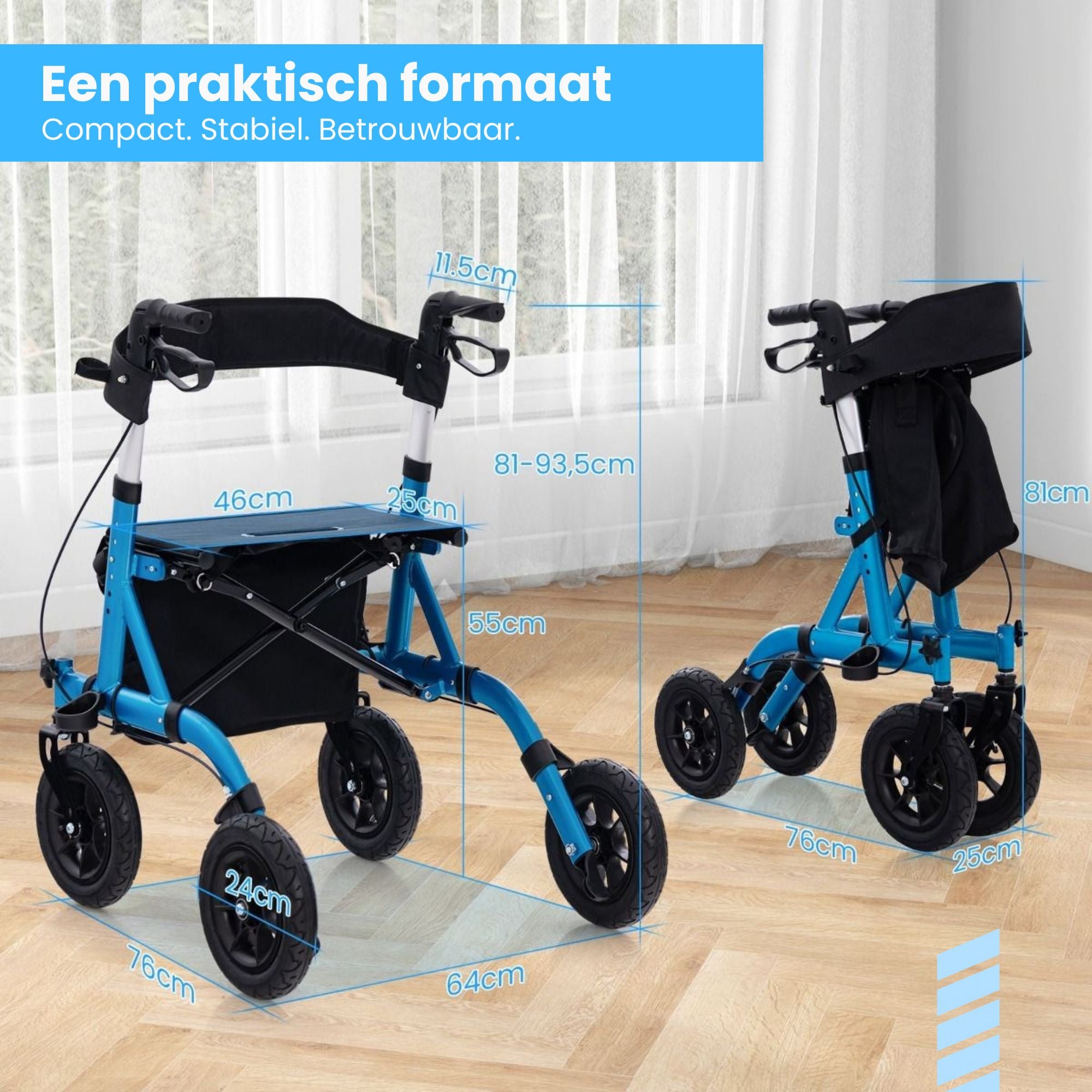 Rollator met all-terrain luchtbanden en comfortabele zitfunctie blauw voor stabiel en comfortabel bewegen binnen en buiten