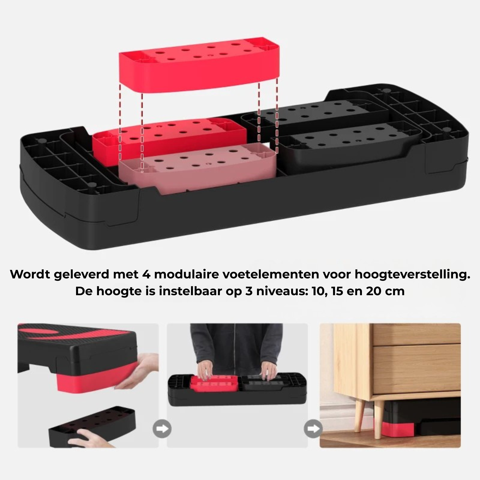 Aerobic stepper rood 80x31x10-20 cm – verstelbaar met 4 modulaire voeten voor hoogte 10, 15 en 20 cm, antislip design