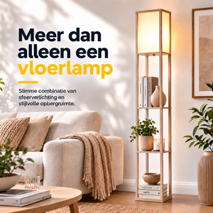 Moderne vloerlamp met opbergruimte 160 cm wit/eiken in een woonkamer met drie open schappen en sfeervolle verlichting