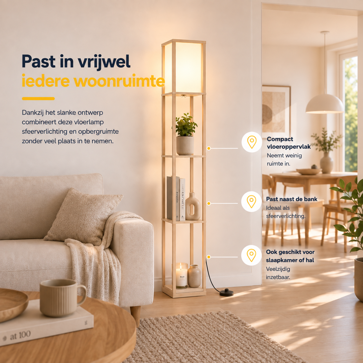 Moderne vloerlamp met opbergruimte 160 cm wit/eiken met drie open schappen en warme sfeerverlichting naast de bank