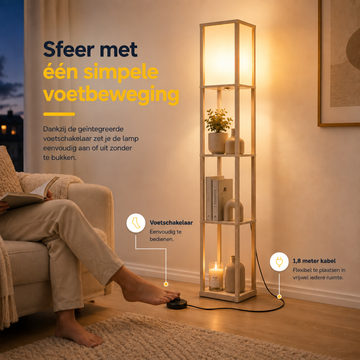 Moderne vloerlamp met opbergruimte 160 cm wit/eiken met drie schappen warme verlichting en voetschakelaar in de woonkamer