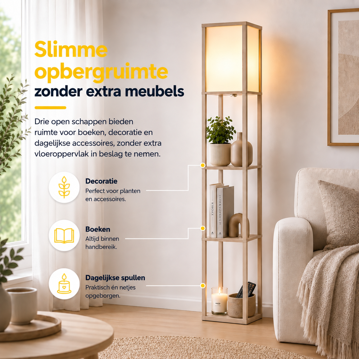 Moderne vloerlamp met opbergruimte 160 cm wit/eiken met drie open schappen en warme verlichting in de woonkamer