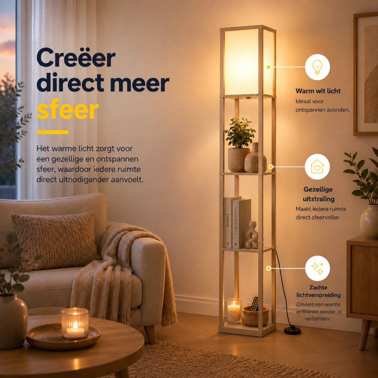 Moderne vloerlamp met opbergruimte 160 cm wit/eiken met drie open schappen en warme verlichting in een sfeervolle woonkamer