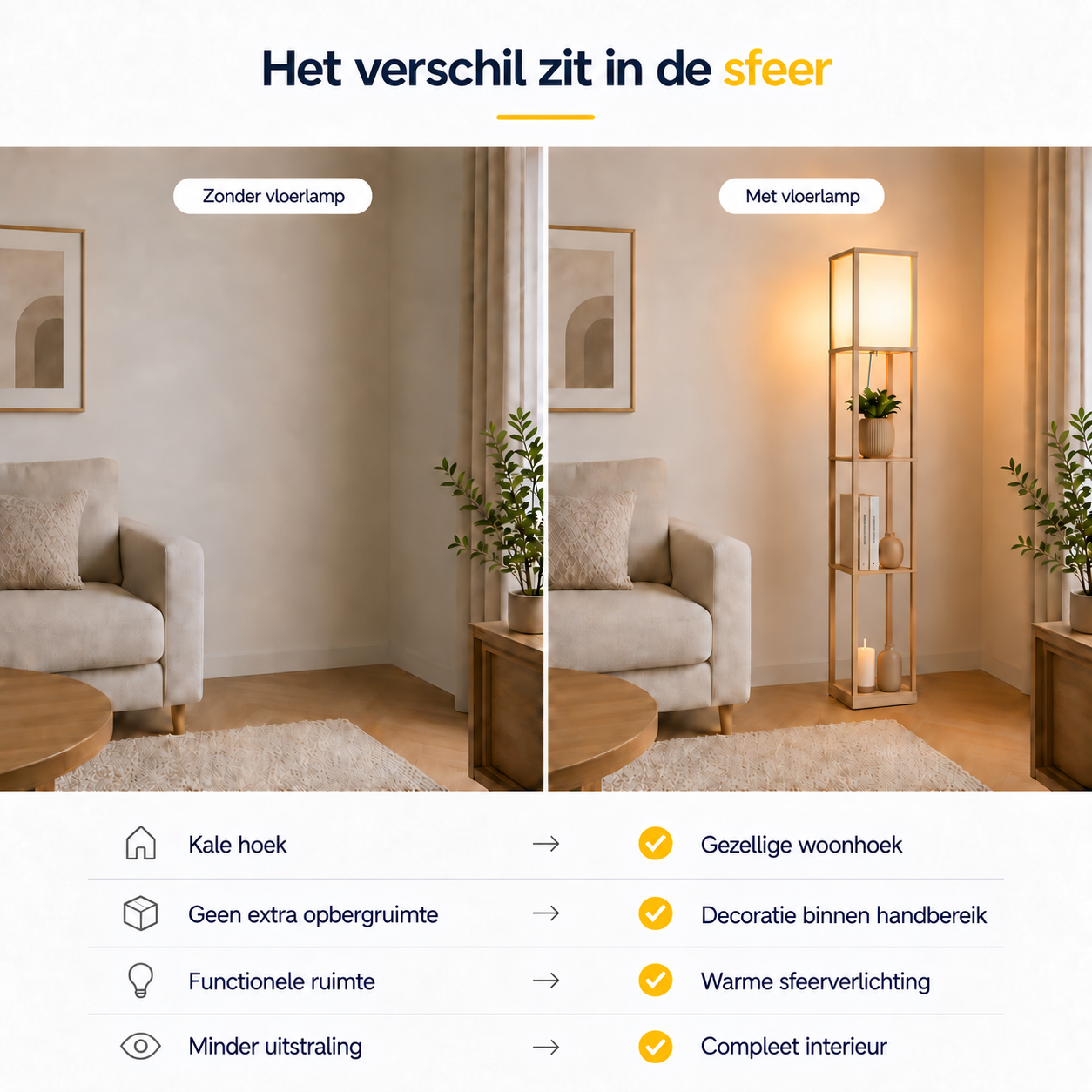 Moderne vloerlamp met opbergruimte 160 cm wit/eiken met drie schappen en warme sfeerverlichting in een gezellige woonkamer