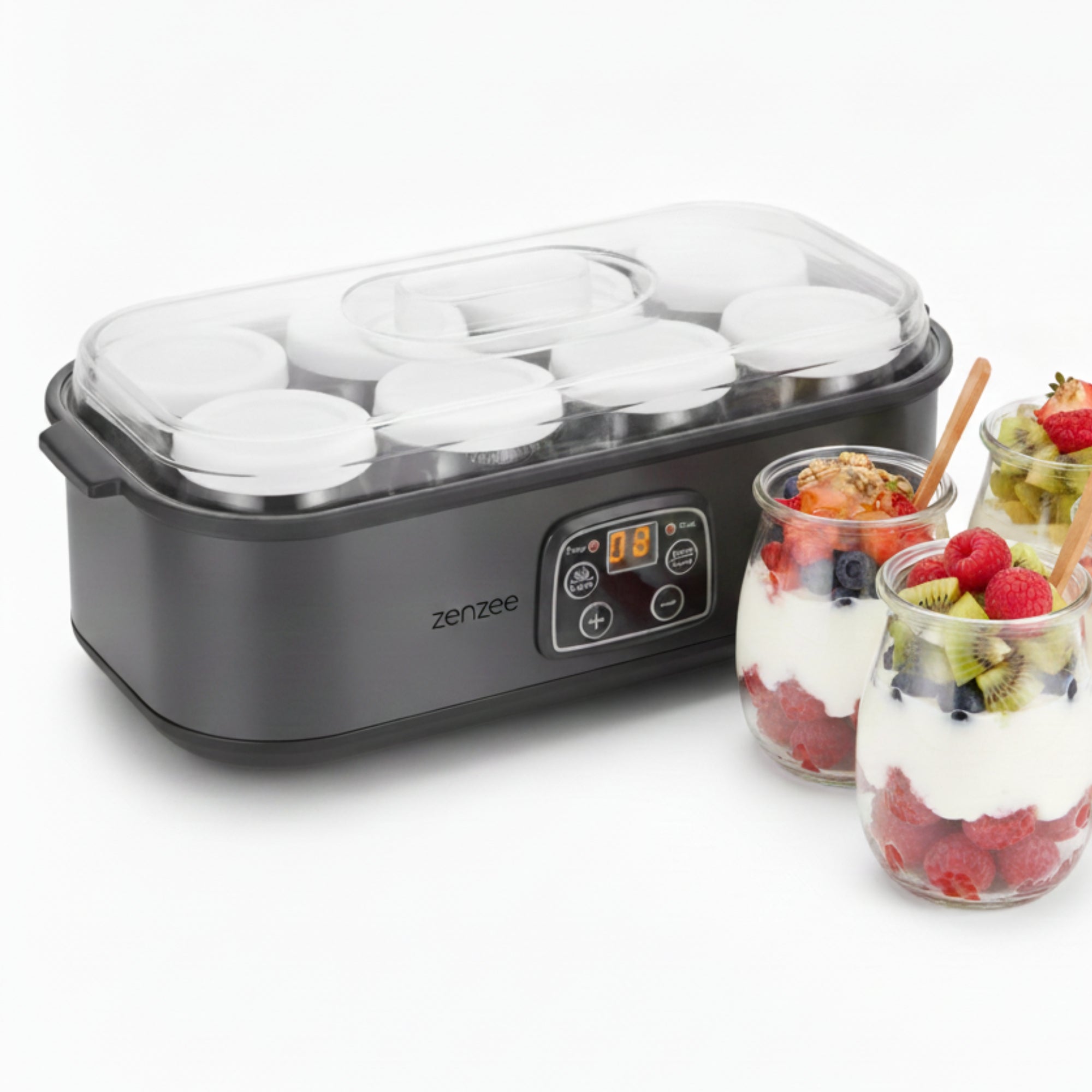 Yoghurtmaker van RVS Antraciet – met 8 glazen potten voor verse huisgemaakte yoghurt | Zenzee (kopie), energiezuinig en eenvoudig te bedienen met digitaal display.