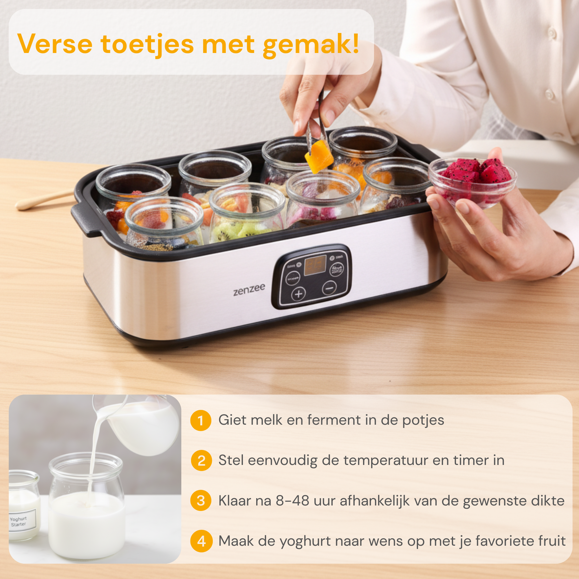 Yoghurtmaker van RVS – met 8 glazen potten voor verse huisgemaakte yoghurt | Zenzee