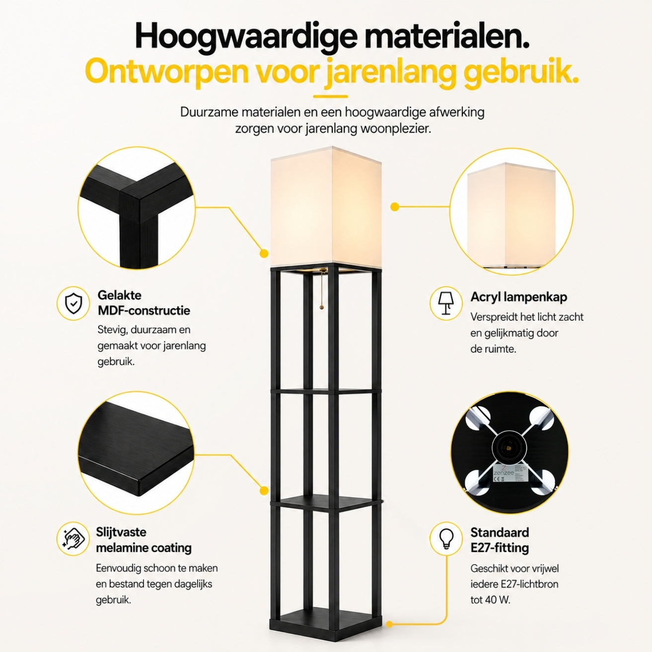 Staande vloerlamp met opbergruimte 26x26x160 cm – functioneel en modern design | Zenzee