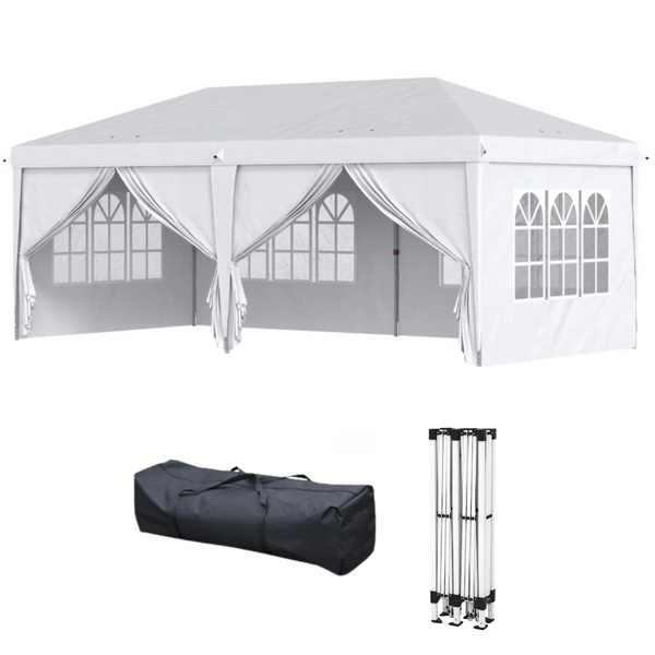 Opvouwbare partytent met draagtas op witte achtergrond