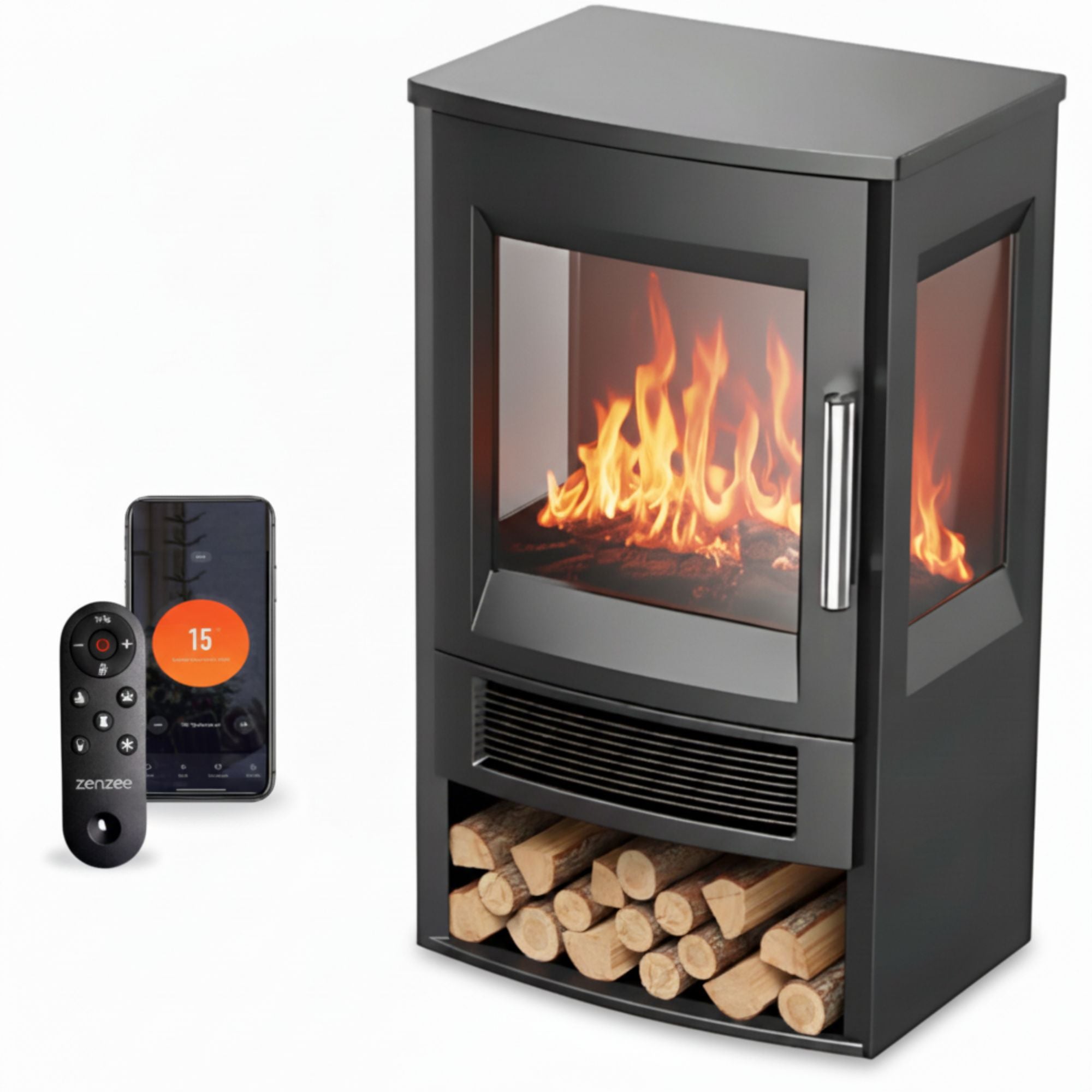 Zwarte elektrische sfeerhaard 1800W – met wifi-app en afstandsbediening | Zenzee met realistisch vlameffect en houtopslag