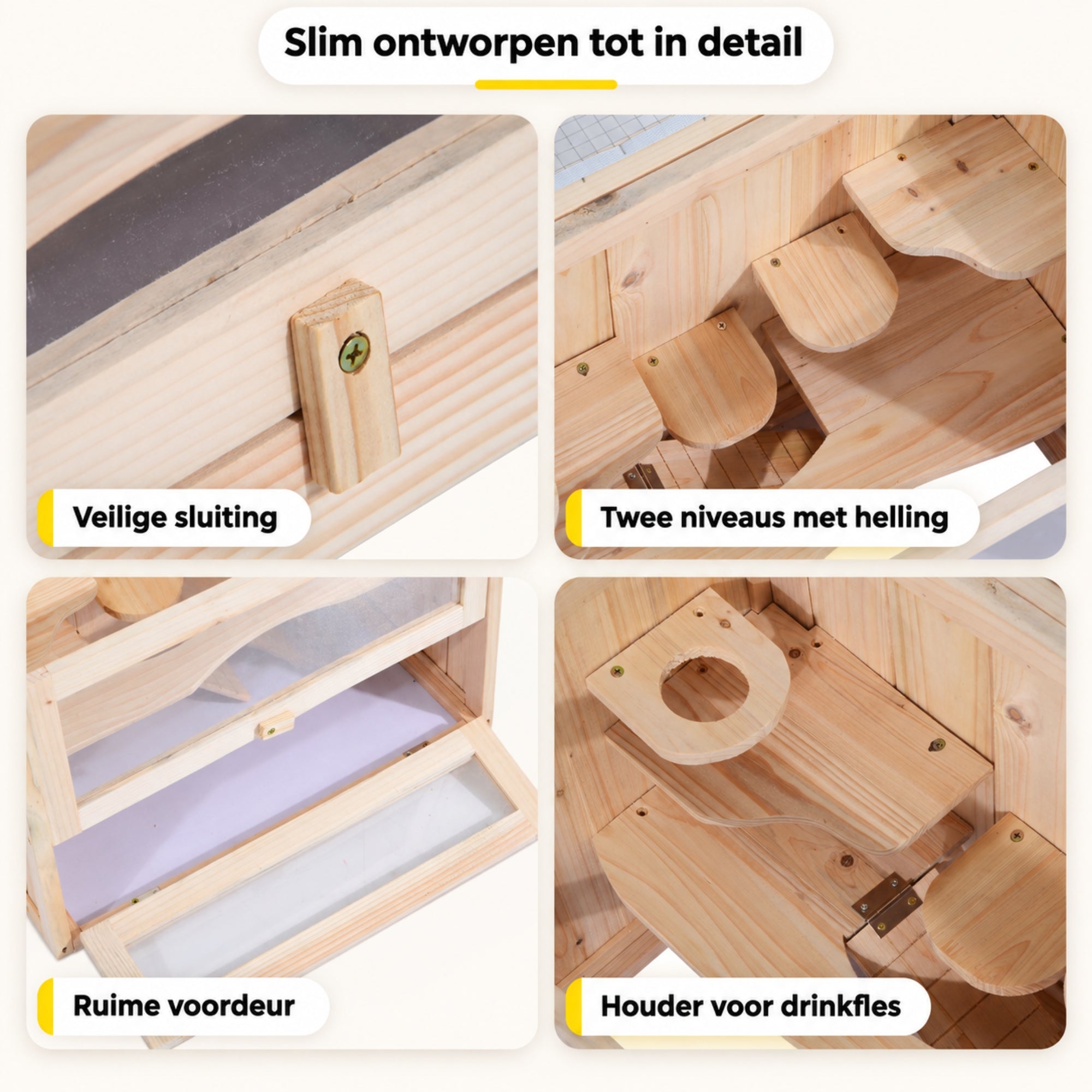 Houten hamsterkooi 60x35x42 cm – comfortabele en veilige ruimte voor je knaagdier met veilige sluiting en twee niveaus met helling