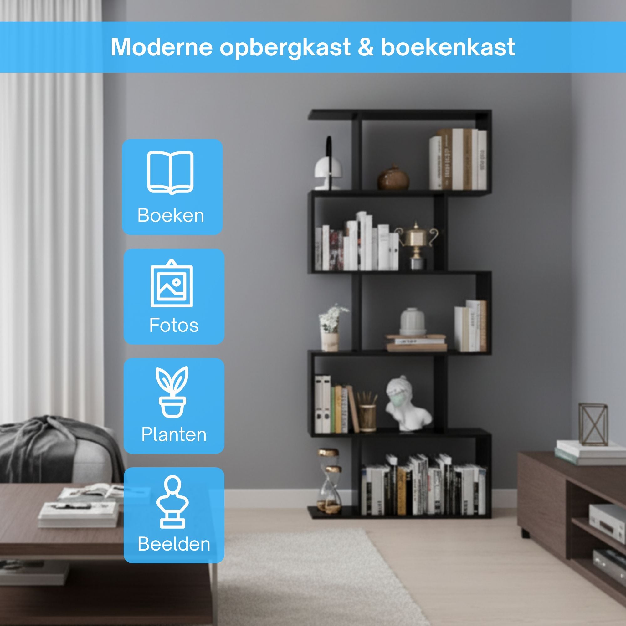 Zwarte Zenzee boekenkast met veel opbergruimte in een moderne woonkamer 