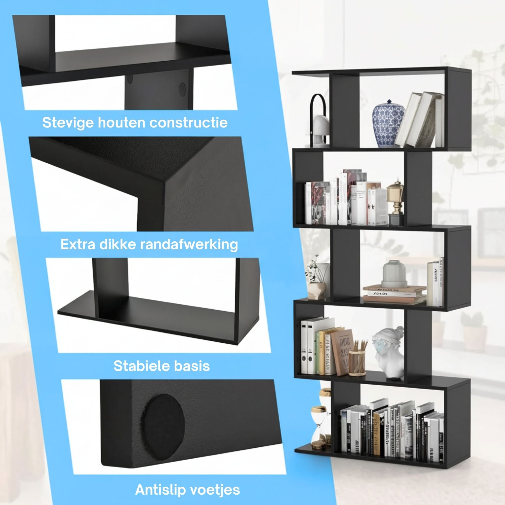 Zenzee zwarte boekenkast met stevig houten constructie een stabiele basis en antislip voetjes