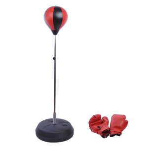 Boksbal set met pomp en bokshandschoenen rood-zwart voor complete bokstraining thuis met verstelbare standaard en handschoenen