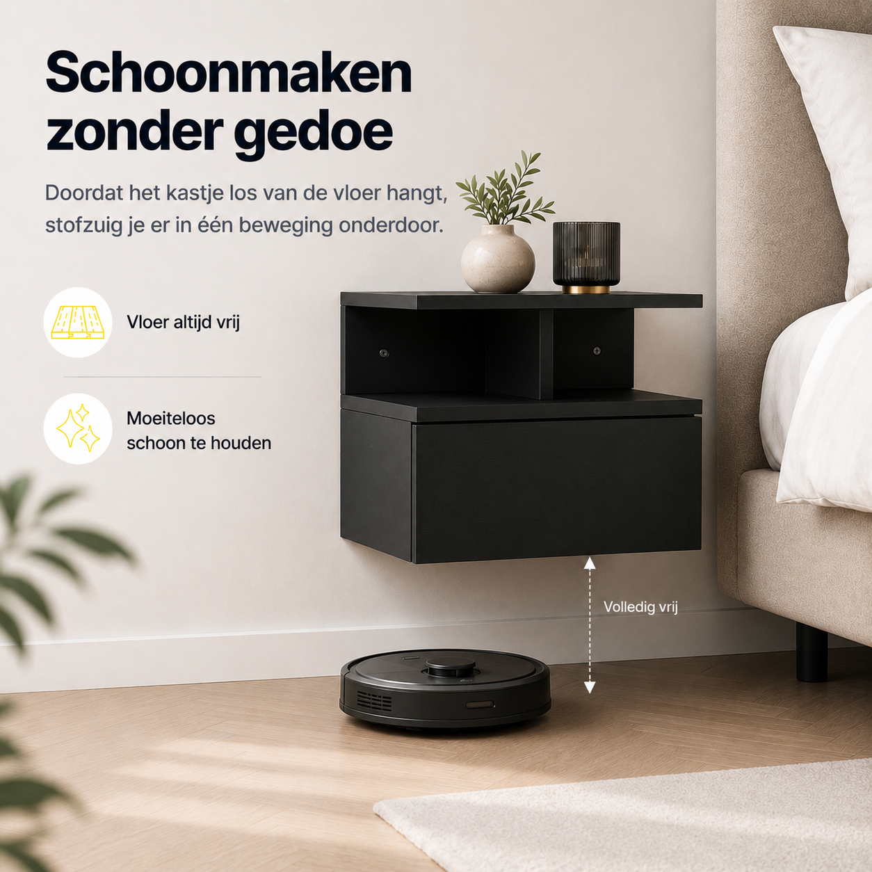 Zwevende nachtkastjes set van 2 met lade en open vak voor slaapkamer zwart | Zenzee