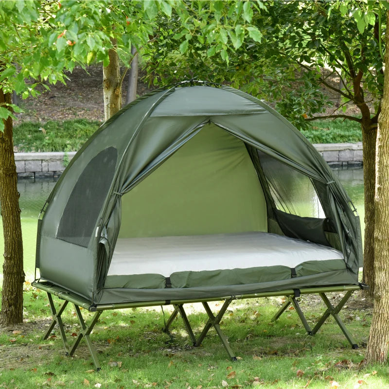 Kampeerbed met matras slaapzak tent groen opvouwbaar 193x136x178 cm