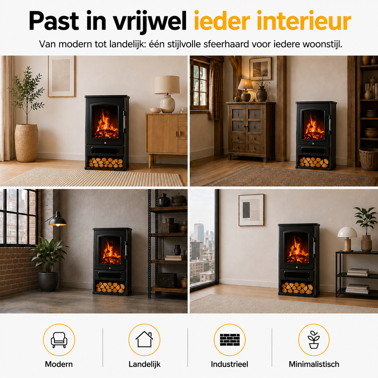 Vrijstaande elektrische sfeerhaard zwart – 2000W met realistisch vlameffect | Zenzee