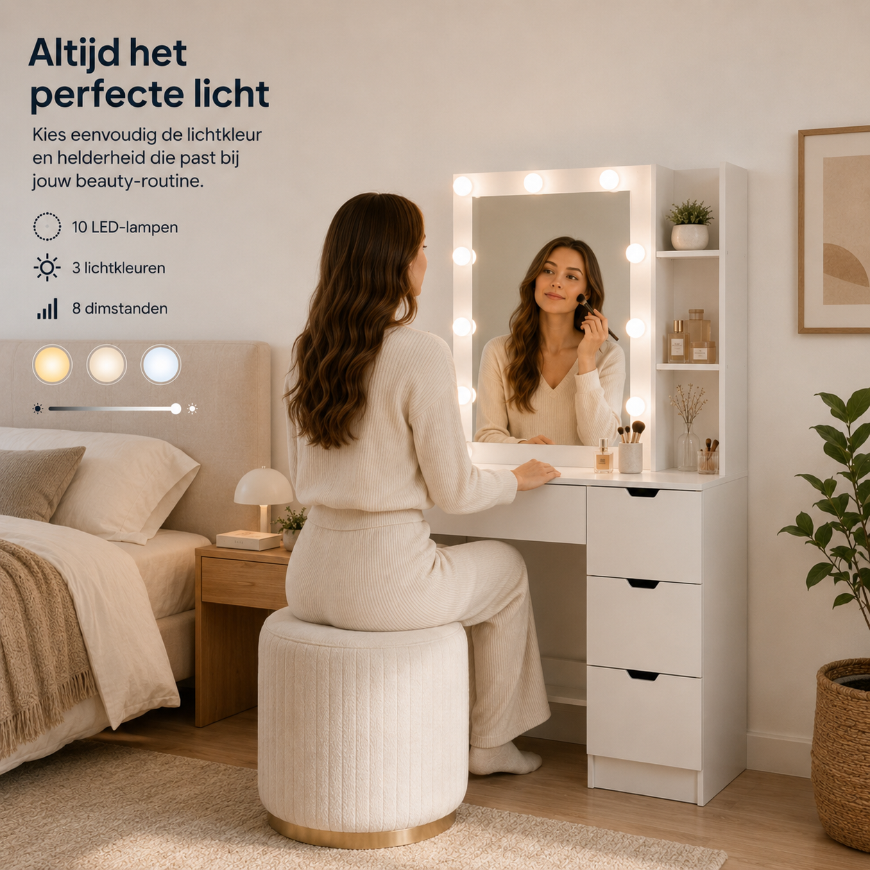 Kaptafel wit met Hollywood spiegel LED en ruime lades voor make-up | Zenzee met vrouw voor spiegel en 10 LED-lampen met 3 lichtkleuren