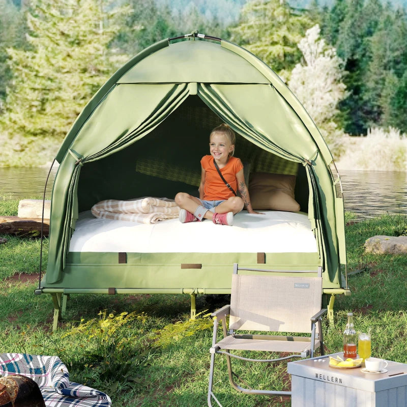 Kampeerbed met matras slaapzak tent groen opvouwbaar 193x136x178 cm